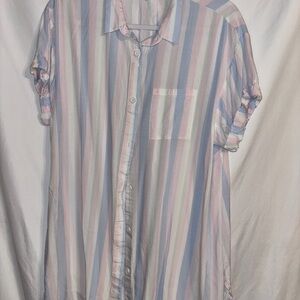 Jasmine + Ginger Button‎ Striped White Blue Pink Shirt, Women’s M